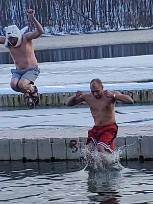 Last year's plunge! Ice cold and brisk! Team Fred and Andy(Hat)